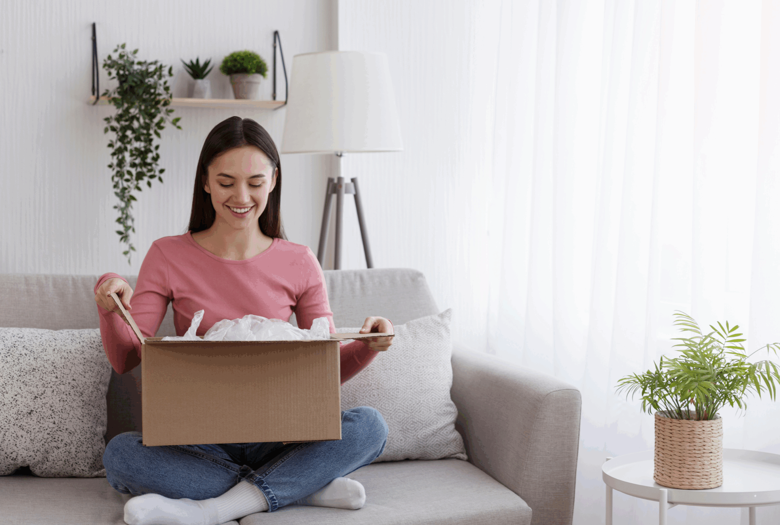 Woman in living area sat on the sofa opening a direct mail box